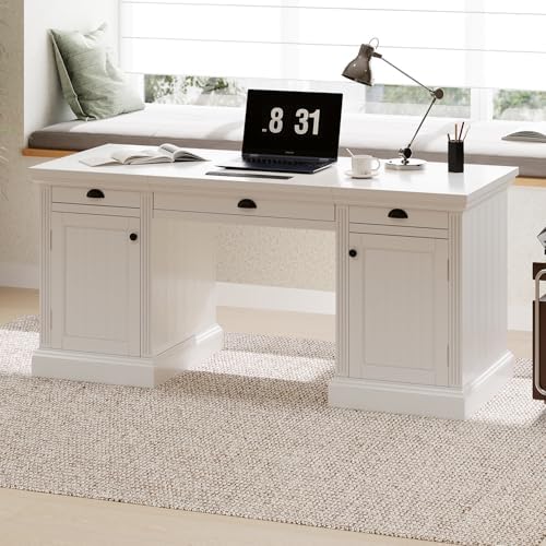 67" Large Executive Office Desk, Modern White Wood Office Computer Desk, Rectangle Home Office Desk with 2 Wooden Doors Storage Cabinet and 3 Drawers, Writing Table,Workstation (White, 67") by YHUBHSIS