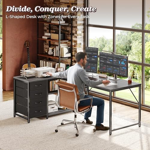 PRAISUN 53" L Shaped Desk with Power Outlets & 4 Drawers - Image 3
