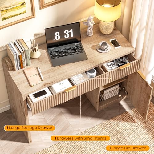 Vabches Farmhouse 47" Fluted Executive Desk with Drawers, Oak - Image 3