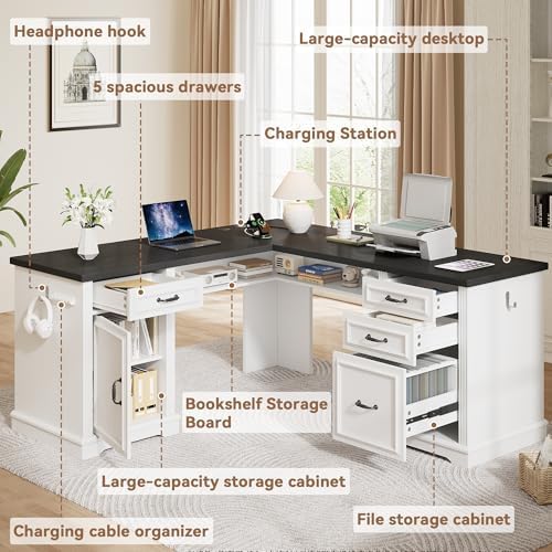 Farmhouse L Shaped Executive Desk with 4 Drawers, Home Office Desk with Hidden Under-Desk Storage Shelf and Charging Station, File Cabinet Storage, Wood Corner Computer Desk for Work(White+Black) - Image 3