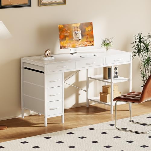 Sweetcrispy 55" Computer Desk with 6 Fabric Drawers & Storage Shelves - Image 2