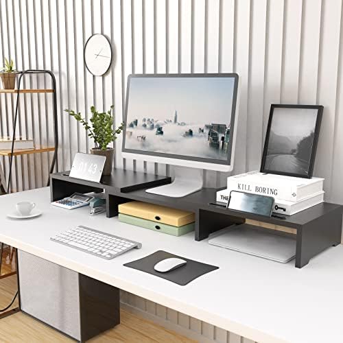 WALI Dual Monitor Stand Riser, 3 Shelf Laptop and Computer Monitor Stand with Phone Holder, Length and Angle Adjustable Desk Organizer (PTT007T-B), Black - Image 2