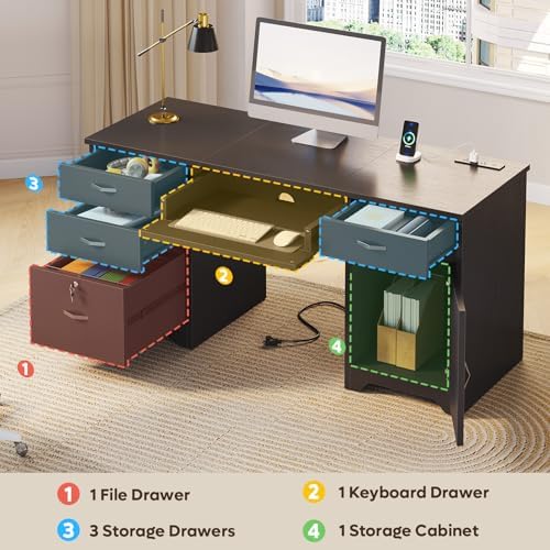 Bestier 59” Office Desk with Lockable Drawers & Charging Station, Black - Image 4