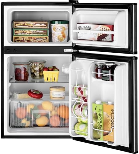 GE Mini Fridge With Freezer | 3.1 Cubic Ft. | Double-Door Design With Glass Shelves, Crisper Drawer & Spacious Freezer | Small Refrigerator Perfect for the Garage, Dorm Room, or Bedroom | Clean Steel - Image 2