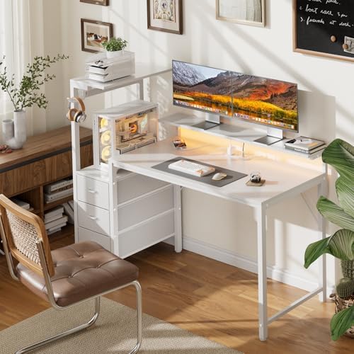 HLDIRECT 60 Inch Gaming Desk with Power Outlets & LED Lights, White - Image 2
