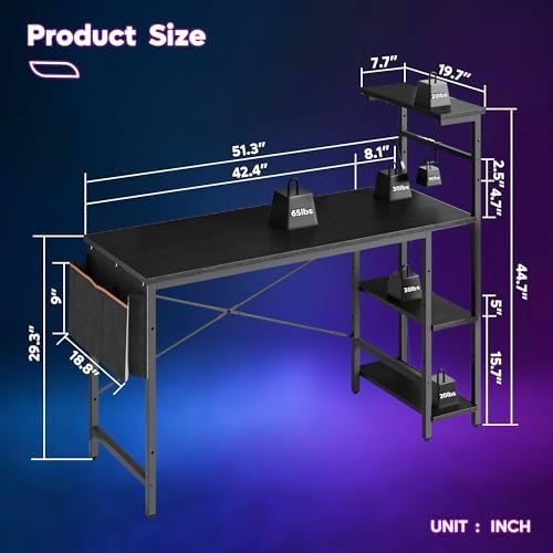 Bestier Gaming Desk with LED Lights, 51.3 Inch Computer Desk with 4 Tiers Reversible Shelves, Home Office Writing Desk with Side Storage Bag, Hooks and Height Adjustable Shelf (Black Grained) - Image 2