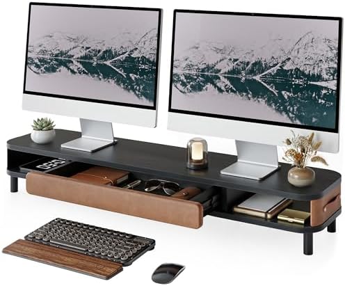 Fenge Dual Monitor Stand with Large Storage Drawer, 42.5" Desk Shelf, Black by Fenge