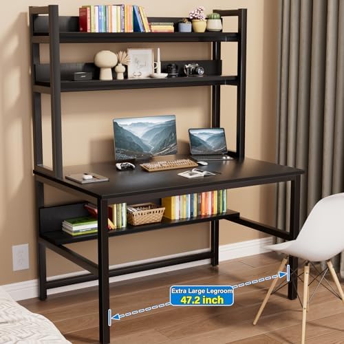Aquzee Computer Desk with Hutch and Bookshelves, Large Leg Room 47 inch Width Black Desk with Space Saving Storage Shelves for Home Office,Study, Work, Easy Assemble - Image 2