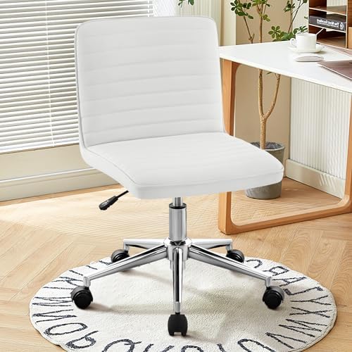 PU Leather Armless Office Chair - 360° Swivel Computer Desk Chair with Adjustable Height & Comfy Chrome Legs, Ivory White - Perfect for Home Office, Bedroom, Living Room & Vanity, Ivory White by FurnilivingFurnitureforHome