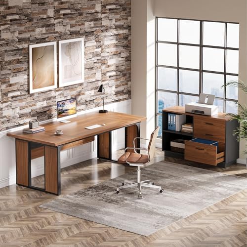 Tribesigns 63" Executive Desk, Modern Office Desk with Privacy Panel & Metal Frame, Large Computer Desk for Home Office, Writing Study Workstation Business Furniture (Brown & Black, Only Table) - Image 6