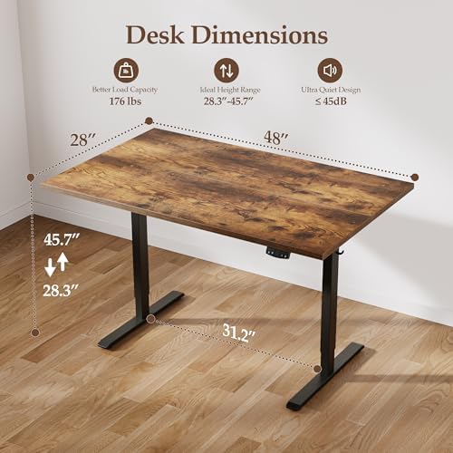 Klicelor 48 x 28 Electric Standing Desk, Sit Stand Up Home Office Desk, Height Adjustable Deep Cumputer Table with Memory Presets and Hooks, Two Pieces, Rustic Brown - Image 3
