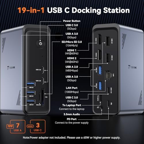 TobenONE 19-in-1 Laptop Docking Station Dual Monitor,10 USB C/A,2×4K HDMI - Image 2
