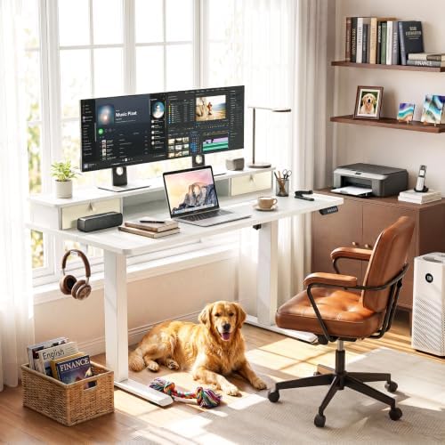 Veken 55x26 in Electric Standing Desk with Drawers, Adjustable Table, White - Image 2