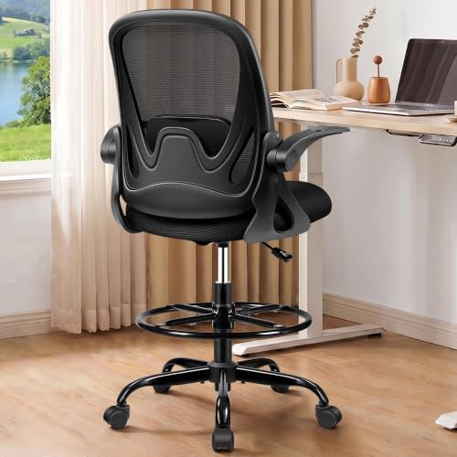 Drafting Chair Tall Office Chair with Flip-up Armrests, Adjustable Height, and Enhanced Lumbar Support - Ergonomic Rolling Stool, Back Support, and Adjustable Foot Rest Ring for Standing Desk Black - Image 2