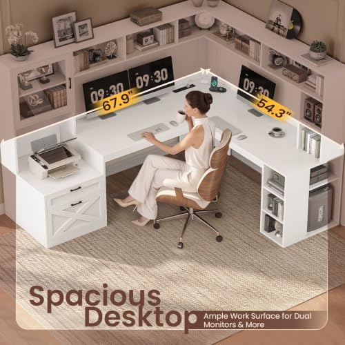 SEDETA 68" Farmhouse L Shaped Office Desk with Hutch, Drawers, Storage - Image 5