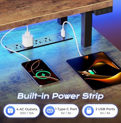 PRAISUN 63 inch Gaming Desk, LED & Outlets, Monitor Stand, Rustic Brown - Image 5