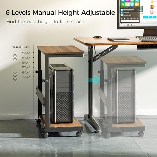 EUREKA ERGONOMIC PC Stand Computer Cart, Height Adjustable Tower Stand 2-Tier Suit for ATX Case Printer, Metal Rolling Cart on Wheels for Gaming Home Office, Walnut - Image 6