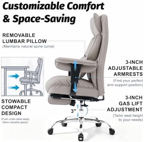 Efomao Executive Office Chair 400lbs,Grey Big and Tall Desk Chair - Image 6