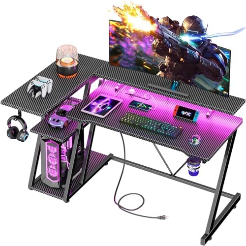 Korfile 47 Inch Gaming Desk with Power Outlet & LED Lights, Corner Computer Desk with 3 Tiers Storage Shelves, Home Office Desk with Monitor Stand for Small Space, Carbon Fiber Black by Korfile