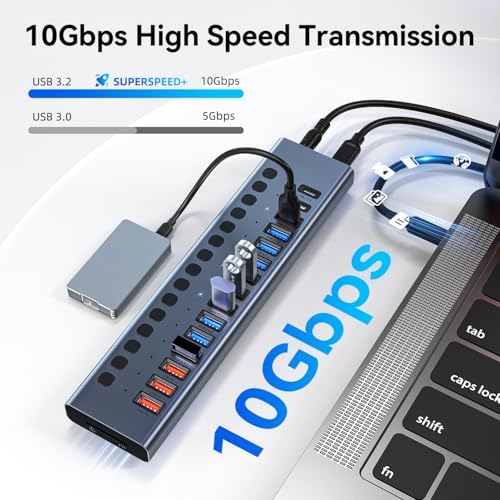 VANGREE Powered USB Hub 10Gbps, 17 Ports USB 3.2 Hub, 96W Power Adapter - Image 3