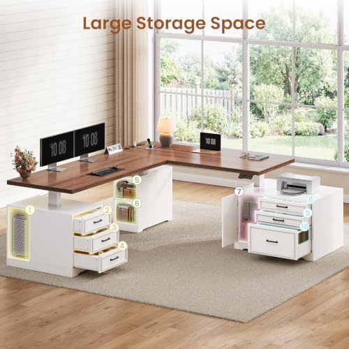 SEDETA Farmhouse L Shaped Electric Standing Desk with File Cabinet, 77 x 55'' Height Adjustable Home Office Computer Desk with 6 Drawers, Power Outlet, Sit Stand Desk, White - Image 5