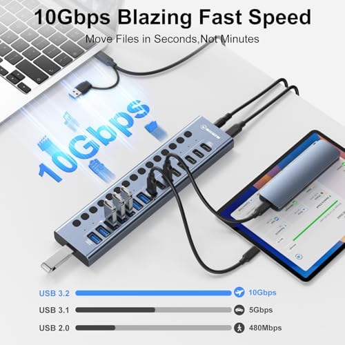 Powered USB 3.2 Hub, 16 Port USB Hub with 10Gbps Data Speed, 8 USB-A & 8 USB-C Ports, 96W Power Adapter for PC, Laptop, Printer, Camera - Image 3