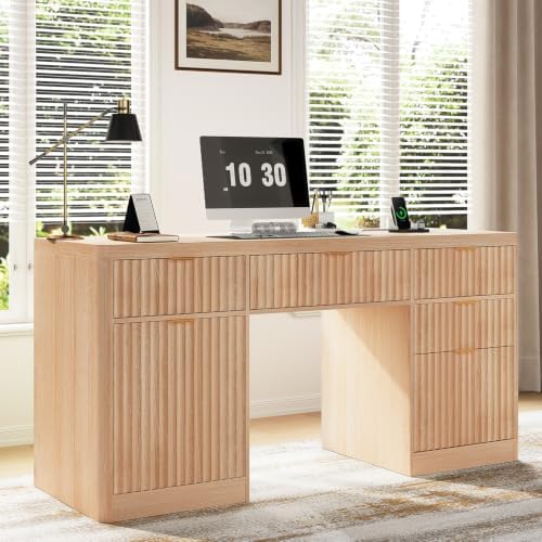 knoworld Fluted Executive Desk with Charging Station, 58" Wood Home Office Desk with 4 Drawers, 1 File Cabinet, 1 Storage Cabinet, Modern Writing Desk for Work, Living Room, Bedroom (Natural) by KNOWORLD