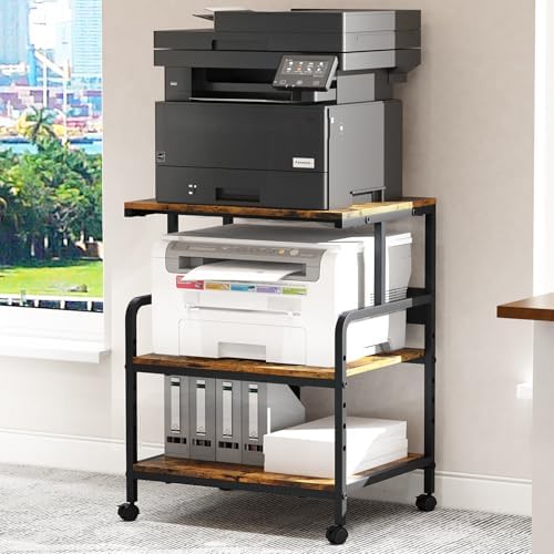Arbuxzuy Large Printer Stand with Storage Shelf, 23.6" W x 18.9" D Printer Cart with Wheels, 3 Tier Mobile Printer Table for Home Office,Stands for Heat Press Scanner Fax (Brown) by Arbuxzuy