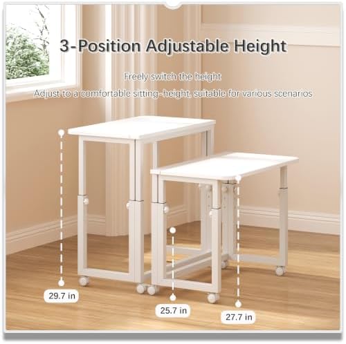 4NM No Tool Assembly 31.5" Small Desk, Folding Portable Desk with Wheels, Adjustable Height Foldable Computer Home Office Desks, Collapsible Study Writing Table for Space Saving Bedroom - All White - Image 2