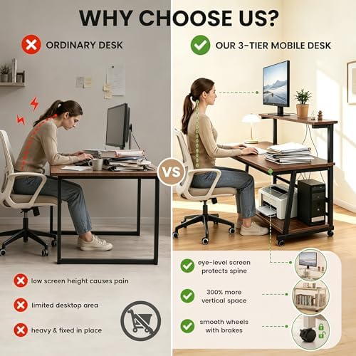 39.4 Inch Compact Rolling Computer Desk with Tier Worktable & Lockable Wheels, Small Computer Desk, Small Desk for Bedroom, Mobile Writing Workstation Easy Assembly for Home Office Small Spaces - Image 5