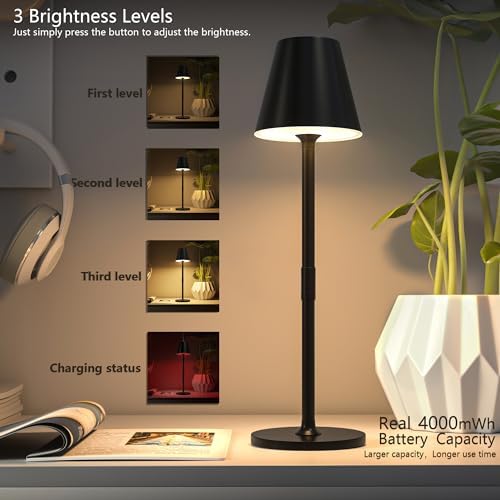 Timjorman 2-Pack Cordless Table Lamps - 5000mAh Rechargeable Battery Operated Desk Lamp, 3-Level Dimmable LED Night Light for Bedroom, Dining, Restaurant - Metal Design (Black 2-Pack) - Image 2