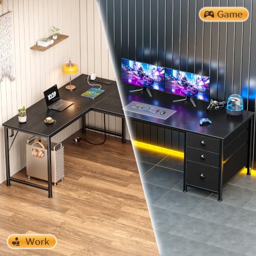 Furologee 63" L Shaped Desk with Power Outlets & USB-C Port, Reversible Corner Computer Desk with 3 Fabric Drawers, Hooks, Home Office Desk for Gaming, Writing, Work, Black - Image 6
