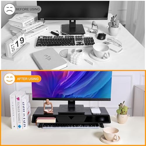 Homerays Monitor Stand with Drawer, Exquisite Computer Monitor Stand for Desk, Ergonomic Wood Monitor Stand Riser for Computer,Laptop,Printer,TV,Bamboo,Black - Image 3