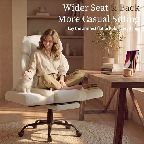 Office Chair with Flip Armrests,Big and Tall Office Chair with Foot Rest,Extra Wide Seat & Lumbar Pillow,Ergonomic Computer Gaming Chair,Comfy Criss Cross Chair for Pets Sitting,Teddy Fleece,White - Image 5
