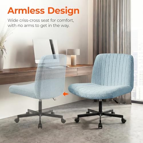 Orange Factory Criss Cross Chair with Wheels, Wide Vanity Seat, Blue Teddy - Image 5