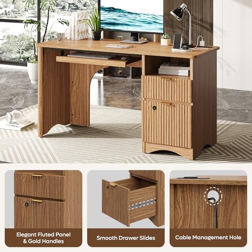 Bestier 55" Office Desk with Locking File Drawer & Charging, Brown - Image 4