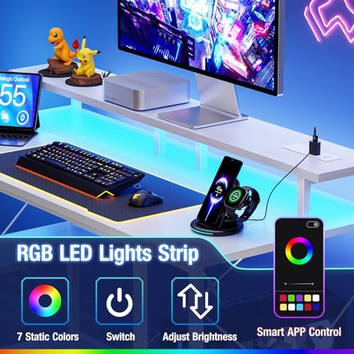 DUMOS 47” Gaming Desk with USB Charging Ports & LED Lights, White - Image 5