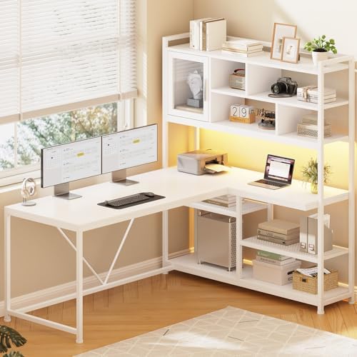 SEDETA L Shaped Computer Desk with Storage Shelves and Bookshelf, White by SEDETA