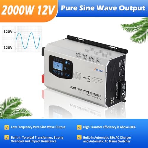 Ampinvt 2000W Peak 6000W Pure Sine Wave Power Inverter Charger DC 12V to 120V AC Output Converter with LCD Display, Off Grid Low-Frequency Inverter for Sealed Gel AGM Flooded Lithium Battery Charger - Image 2