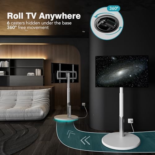 Floor Mobile TV Stand with Power Outlet, Rolling TV Cart for 27-70 Inch OLED LED Monitors, 6 Levels of Height Adjustment, Ambient Lighting on The Bottom Wheels Holds up to 88lbs, 400x400mm - Image 2