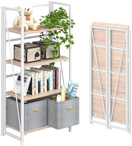 4NM No Assembly Folding Bookshelf Storage Shelves 4 Tier Vintage Bookcase Standing Racks for Bedroom Living Room Home Office by 4NM