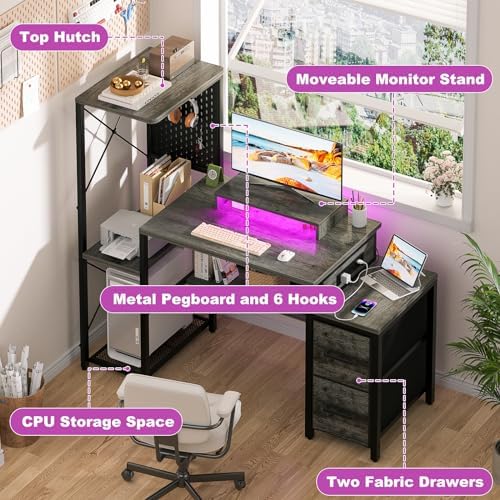 Small Gaming Desk with 2 Fabric Drawers - Reversible Computer Desk with Power Outlet & LED Lights, 49" Office Desk with Monitor Stand & Storage Shelves, Writing Study Table with Pegboard, Grey Oak - Image 4