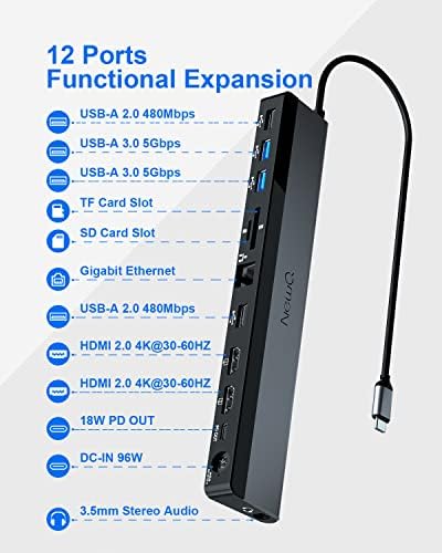 USB C Docking Station Dual Monitor with Power Adapter: NewQ 12-in-1 Thunderbolt 3 | 4 Dock, Dual 4K HDMI, 4 USB, Audio, Ethernet, SD/TF Slot, 18W PD Out, for Mac, HP, Dell, Lenovo, Surface, Asus, Acer - Image 2