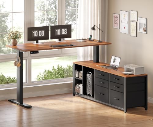SEDETA L Shaped Electric Standing Desk, 55" x 55" Height Adjustable Corner Office Desk with 6 Fabric Drawers and Storage Shelves, Stand up Home Office Desk with Power Outlet, Black and Brown - Image 2