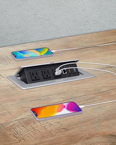 Conference Table Power Hub, Pop up Outlet with HDMI, PD20W, Silver - Image 4