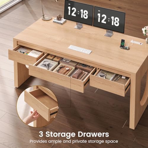 SEDETA 55" Modern Executive Office Desk with 3 Drawers, Light Oak - Image 3