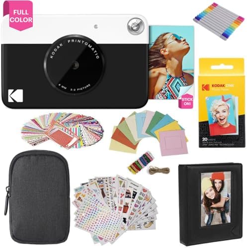 Kodak Printomatic Instant Camera (Black) Gift Bundle + Zink Paper (20 Sheets) + Deluxe Case + 7 Fun Sticker Sets + Twin Tip Markers + Photo Album + Hanging Frames. by Unknown