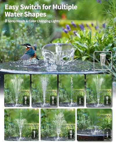 POPOSOAP 8W Solar Fountain Pump with 3200mAh Battery Backup & LED Lights, Solar Water Fountain Kit with 8 Nozzles & PVC Tubing for Bird Bath, Pond, Fish Tank, Backyard Decor P108DL - Image 6