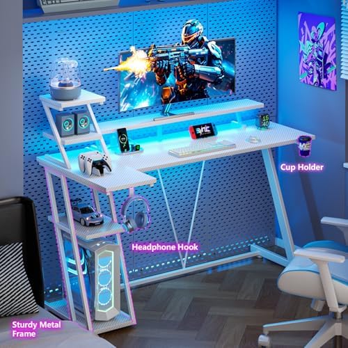 Korfile 55 Inch White Gaming Desk with LED Lights & Power Outlet, Gaming Computer Desk with Storage Shelves, L Shaped Gamer Workstations with Monitor Stand for Bedroom - Image 6