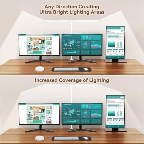 Pzloz Led Desk Lamp with Clamp: Architect Desk Lamp for Home Office, Eye Caring Double Head Computer Monitor Work Desk Light with Remote Control - 24W Flexible Dimmable Desktop Table Lamp White - Image 2